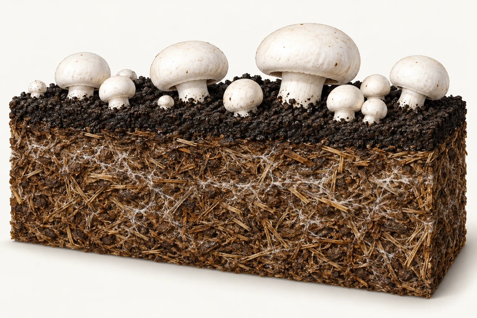 AI teaching cutaway of Button mushrooms above a distinct dark casing layer and deeper fibrous compost; proportions are illustrative.